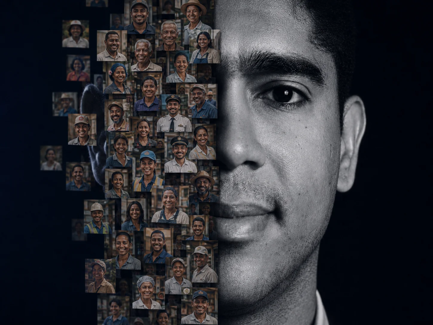 Retrato de Adolfo Pineda integrado con un mosaico de rostros de trabajadores dominicanos